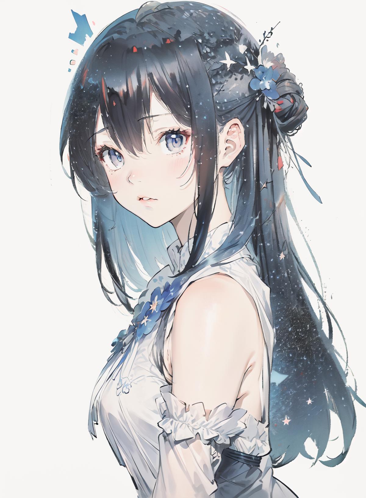 best quality, masterpiece, <lora:hair_with_scenery:1>starry sky,white background, masterpiece,1girl,cute,hair between eyes...